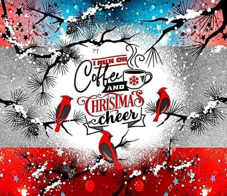 a red and white christmas card with two birds on the tree branches in front of snow flakes