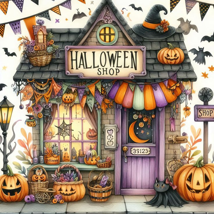 a halloween shop with pumpkins and jack - o'- lanterns