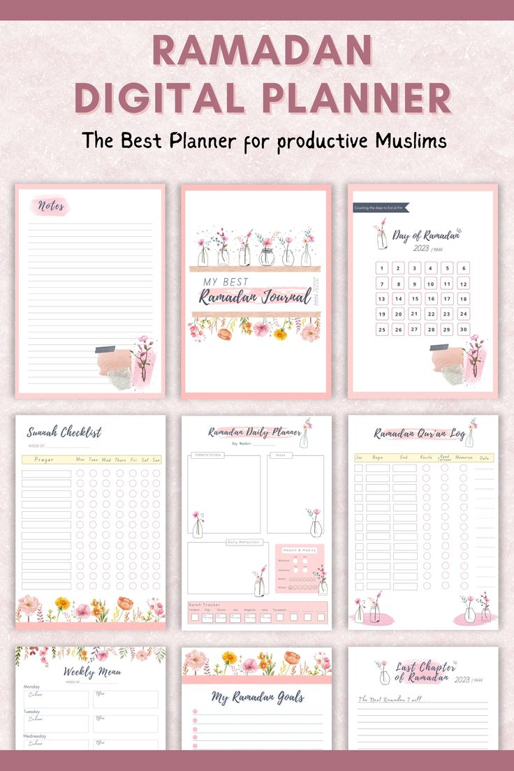 the ramaan digital planner is shown in pink and white with floral designs on it