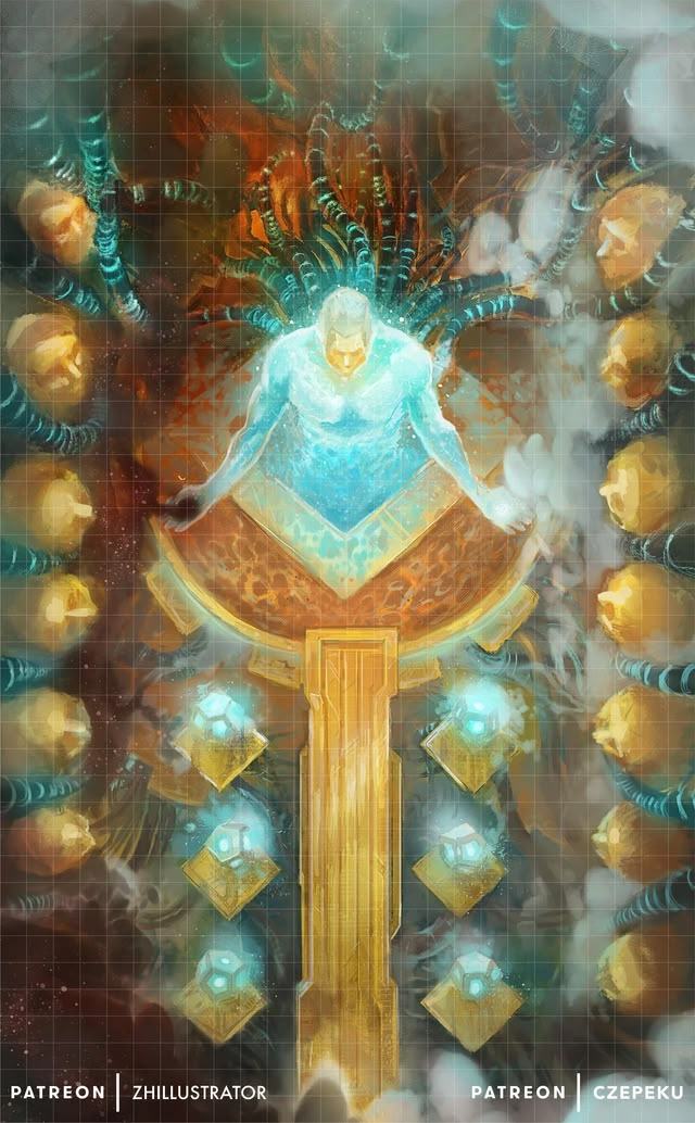 an artistic painting of a person surrounded by gold and blue shapes, with the words patton philusator on it