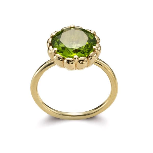 A vivid green peridot. This gem displays glorious chartreuse tone and is set in scalloped bezel on a minimalist band. The ring showcases the glorious  beauty of this magical stone, which happens to be the first gemstone to be discovered on Mars! It is a round flower-cut, measuring 10mm in diameter and is custom cut for Candy Ring, Magical Stones, Round Flower, Green Peridot, Wide Bands, Mars, Gems, Yellow Gold, Candy