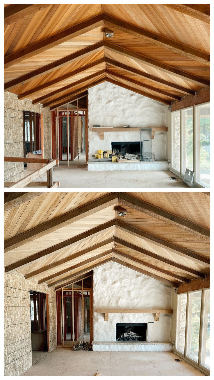 two pictures of the inside of a house with wood beams and windows in place for insulation