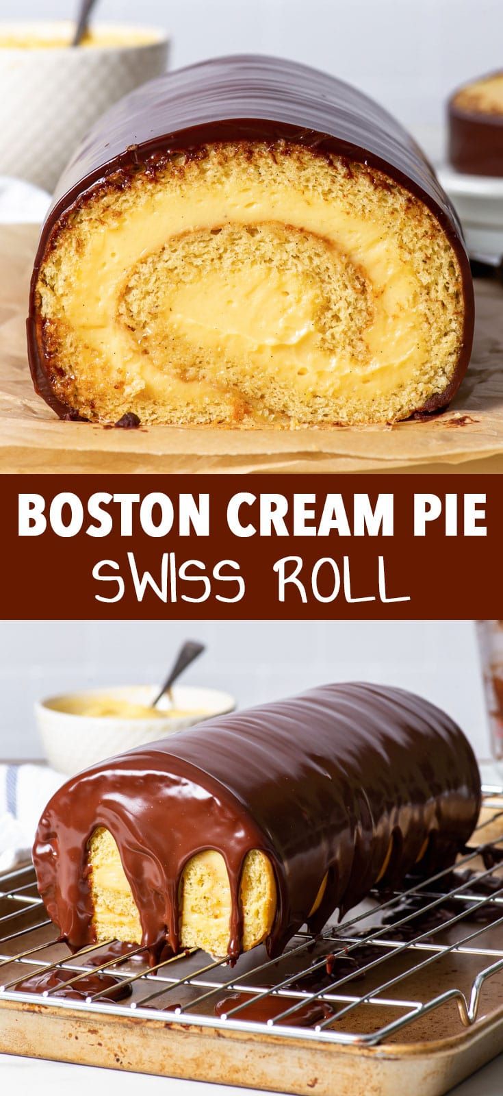 boston cream pie swiss roll on a cooling rack