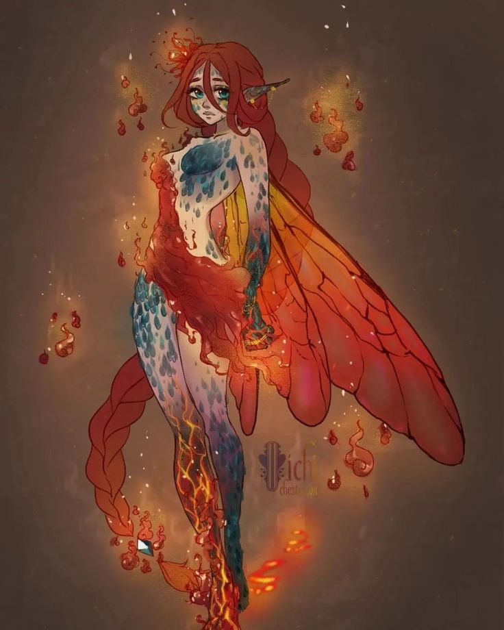 a drawing of a woman with fire in her body and wings flying through the air