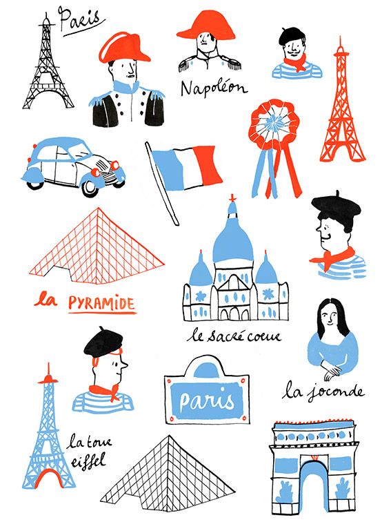 an image of different things that are in the french language, including buildings and flags