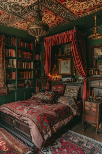 a bed sitting in a bedroom next to a bookshelf filled with lots of books