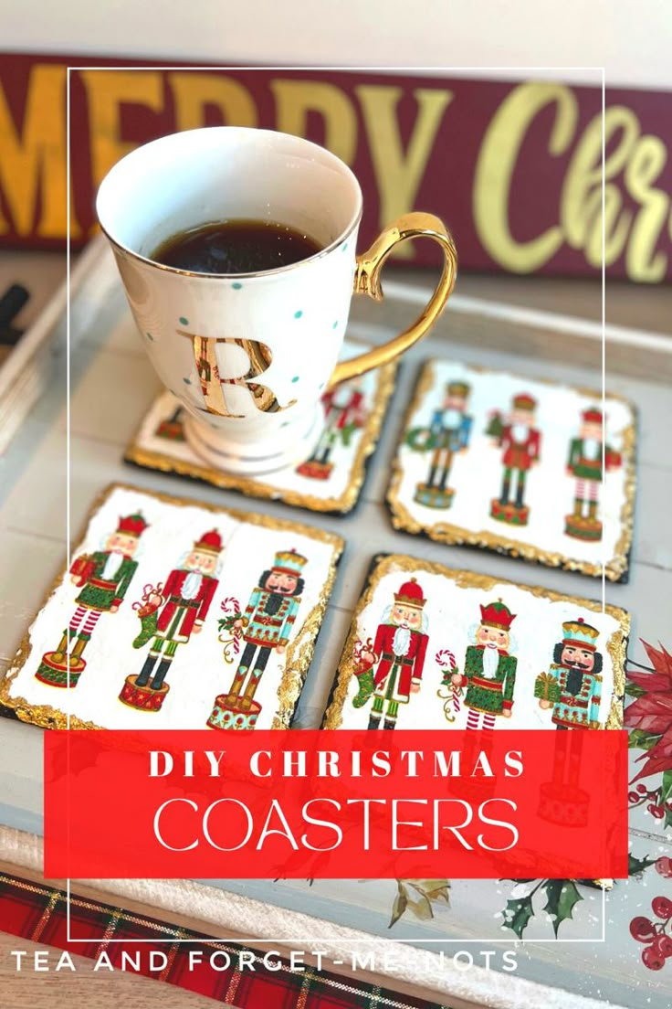 christmas coasters on a tray with a cup of coffee and candy bars in the background