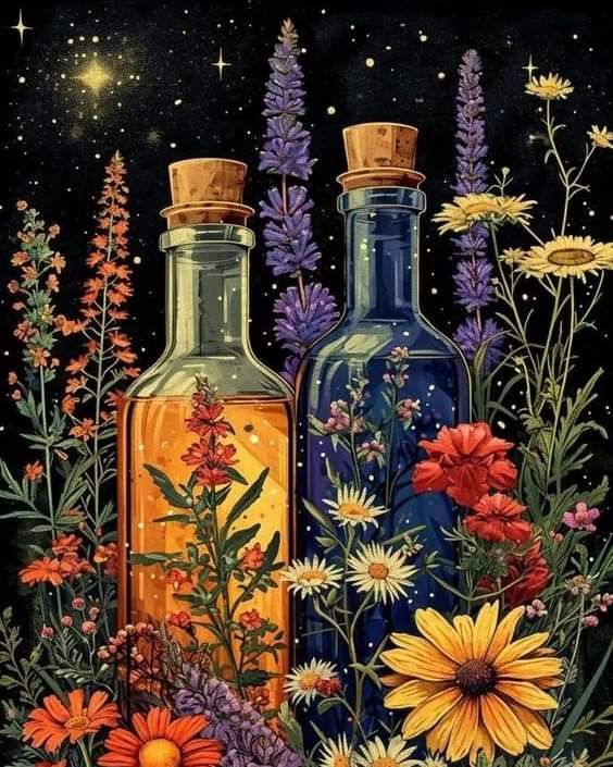 two bottles filled with flowers sitting on top of a table covered in stars and grass