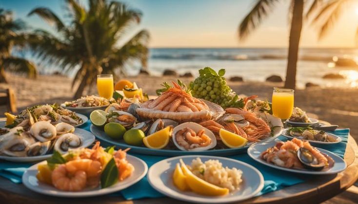 a table full of food and drinks on the beach with palm trees in the background