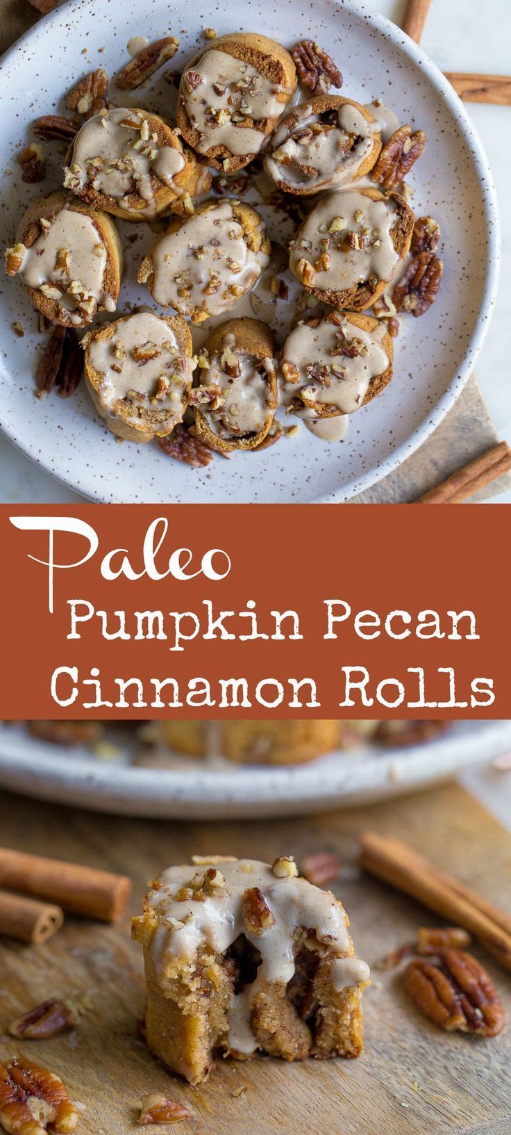 a white plate topped with pumpkin pecan cinnamon rolls