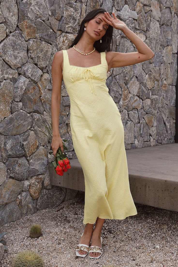 Lemon Squeeze Maxi Dress Yellow | Fortunate One Summer Daytime Sundress Maxi Dress, Spring Daytime Maxi Sundress, Daytime Spring Maxi Sundress, Midi Sundress For Summer Brunch, Chic Summer Maxi Dress For Daytime, Summer Midi Sundress For Daytime, Summer Daytime Midi Dress, Spring Summer Sundress With Square Neck, Chic Yellow Sundress For Summer