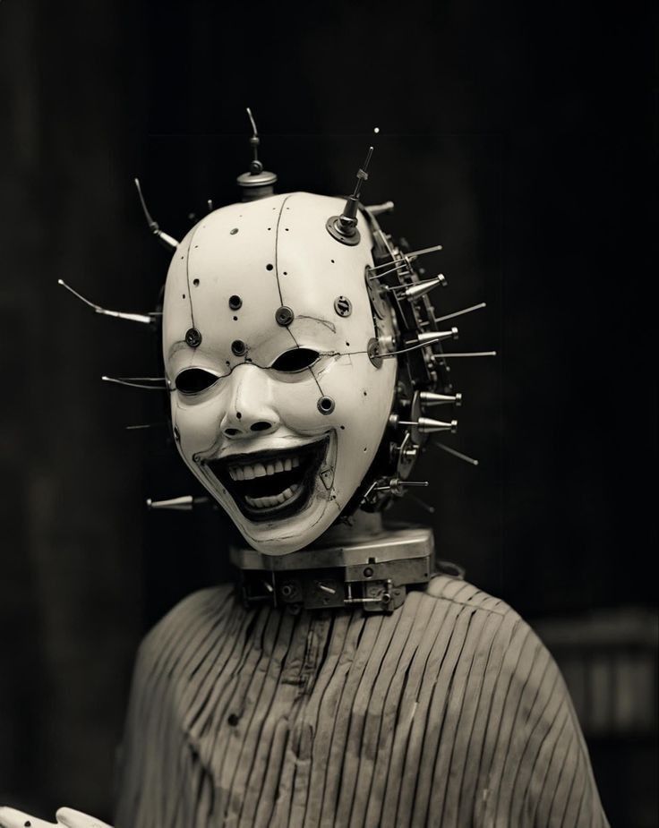 a person wearing a mask with spikes on it's head and nails attached to their face