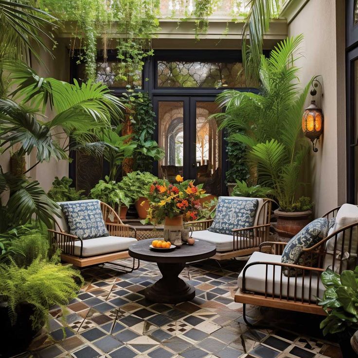 a patio with chairs, tables and plants in it's center area is shown