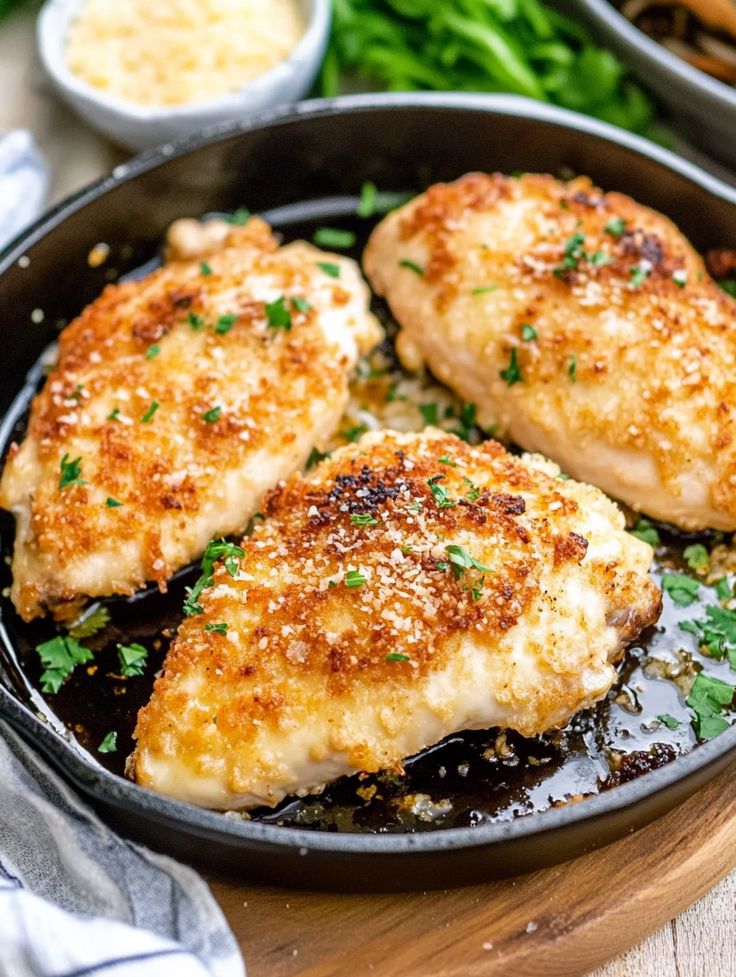 three pieces of chicken in a skillet with parsley on top and seasoning next to it