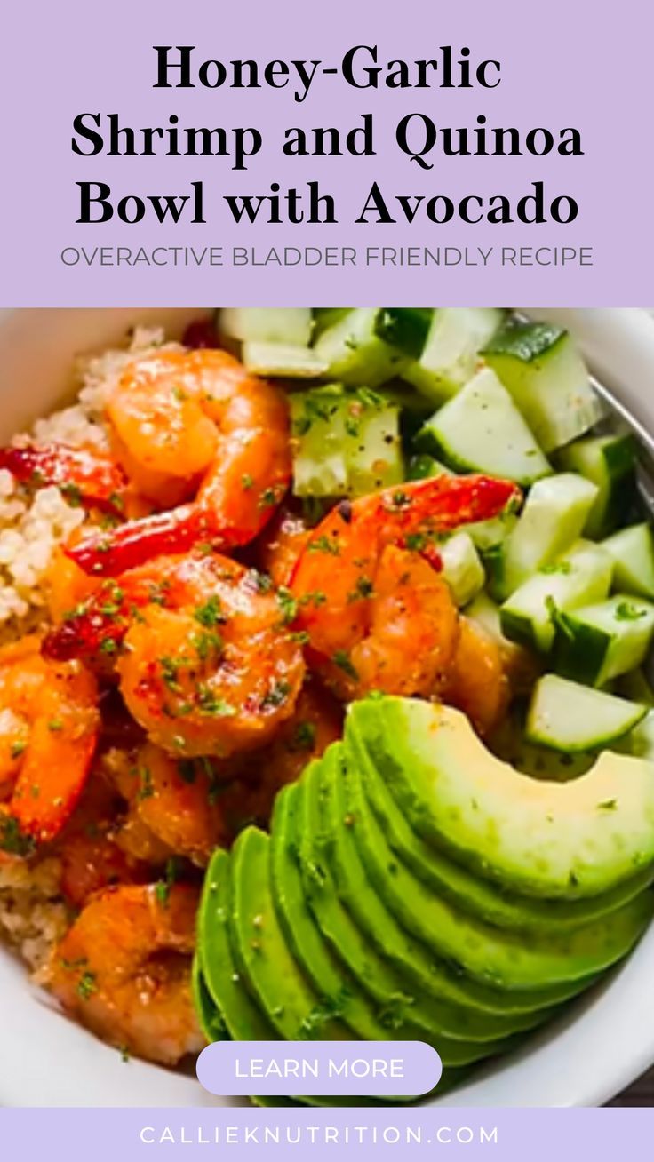 a bowl filled with rice, shrimp and avocado