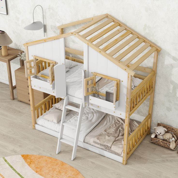 there is a bunk bed with a ladder on the bottom and two beds below it