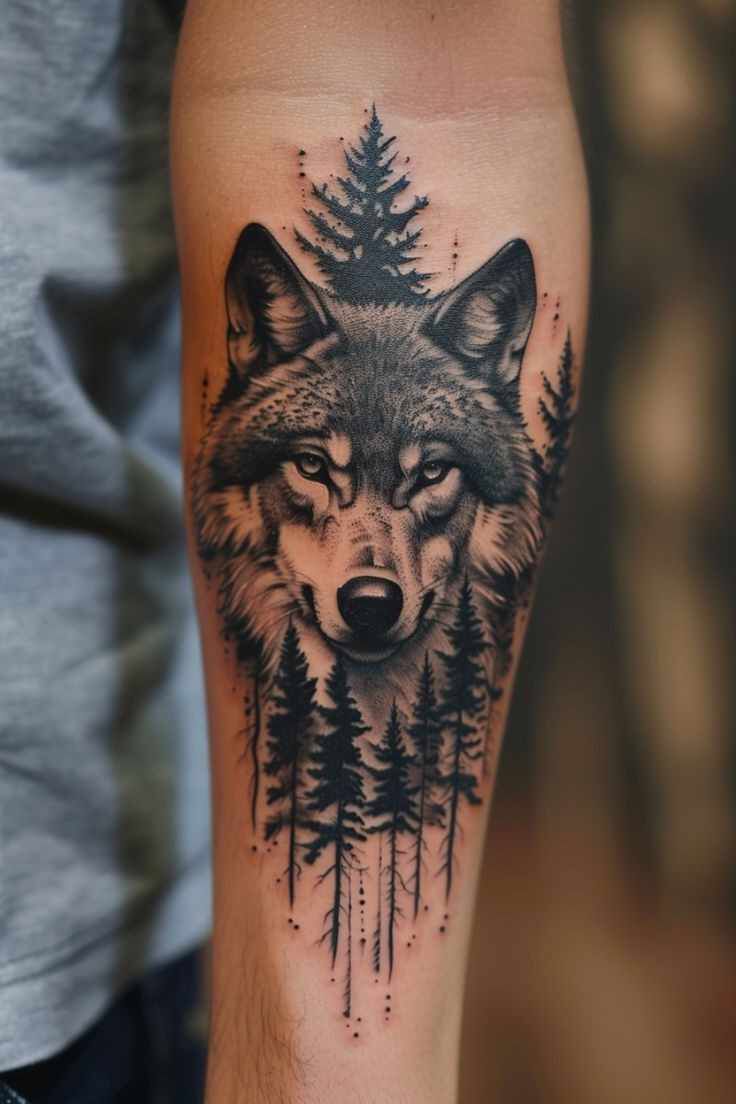 a man's arm with a wolf and pine trees tattoo on the left forearm