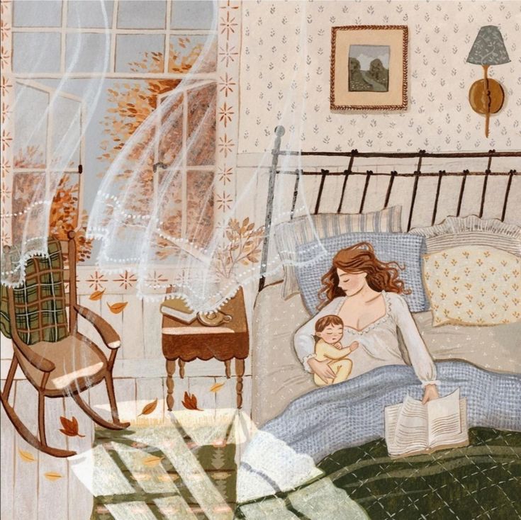 a painting of a woman holding a baby in her arms while sitting on a bed