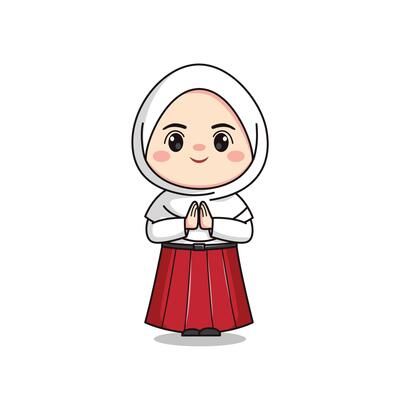 a cartoon character with a white head wearing a red skirt and holding her hands together