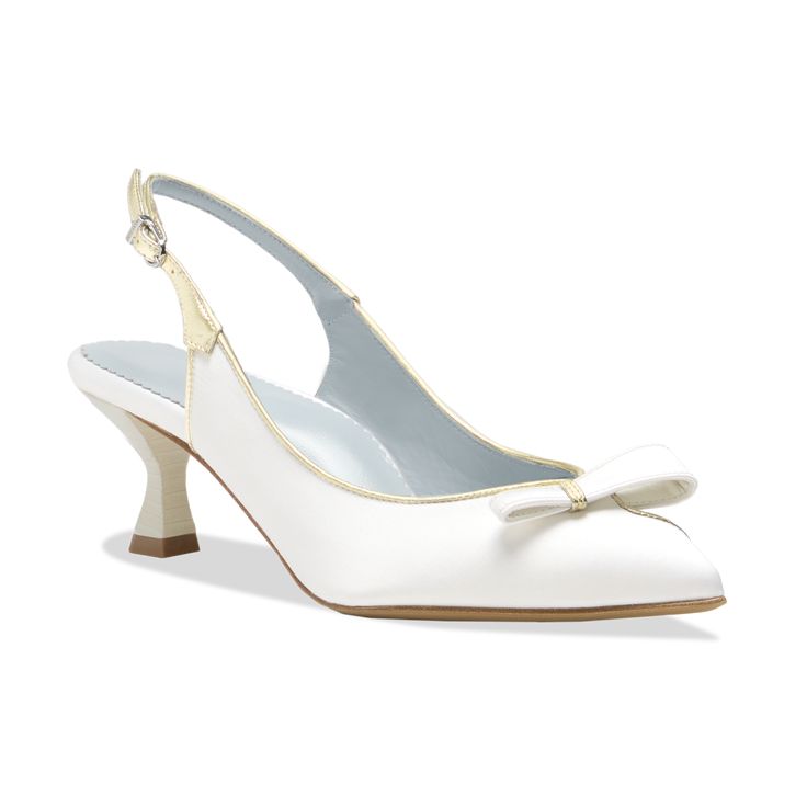 For weddings and parties: a sling-back kitten heel in white satin, topped with an asymmetrical bow. All sales are final. No returns or exchanges. White Kitty Heels, Prom Kitten Heels, White Sling Back Heels, Kitten Heels With Bow, White Slingback Kitten Heels For Wedding, Chic White Kitten Heels, Elegant White Kitten Heels With Ankle Strap, Chic Slingback Kitten Heels With Bow, Wedding Kitten Heels