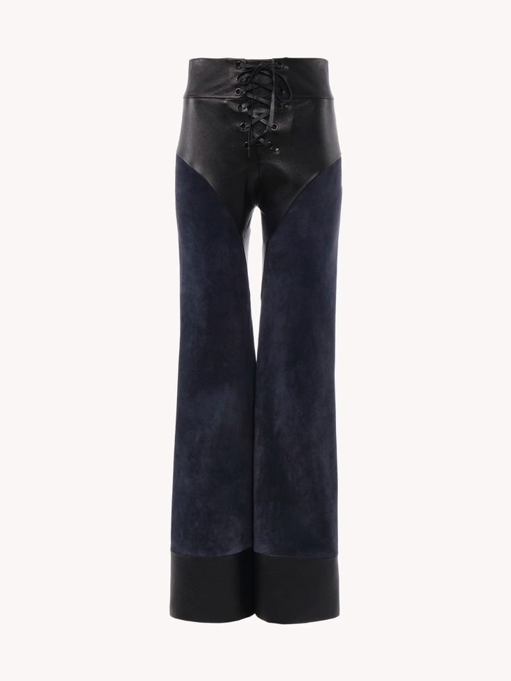 Chloé Lace Up Flared Patchwork Pants In Leather | Chloé US Elegant Flared Leather Pants, Elegant Flare Leather Pants, Fitted Leather Wide-leg Pants, Chic Flared Leather Pants, Chic Flare Leather Pants, Luxury Leather High-waisted Pants, Luxury Leather Pants For Fall, Flared Leather Pants For Night Out, Flare Leather Pants For Night Out