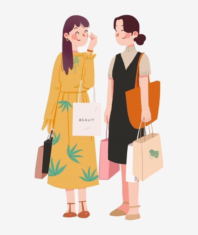 two women standing next to each other with shopping bags in their hands and looking at each other