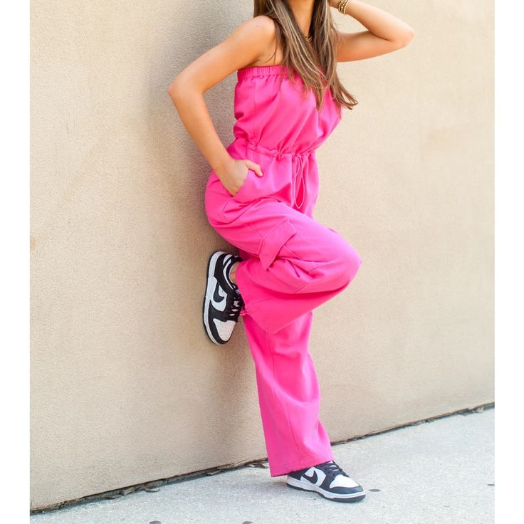 Hot Pink Strapless Cargo Jumpsuit With Drawstrings At Waist And Ankles. Nwt Never Worn Trendy Strapless Jumpsuit For Summer, Casual Strapless Jumpsuit For Summer Day Out, Casual Strapless Jumpsuits And Rompers For Summer, Casual Strapless Jumpsuits And Rompers For Spring, Casual Strapless Jumpsuits For Spring, Spring Strapless Overall Jumpsuit For Day Out, Casual Strapless Cotton Jumpsuit/romper, Casual Cotton Strapless Jumpsuit, Strapless Overall Jumpsuit For Spring Day Out