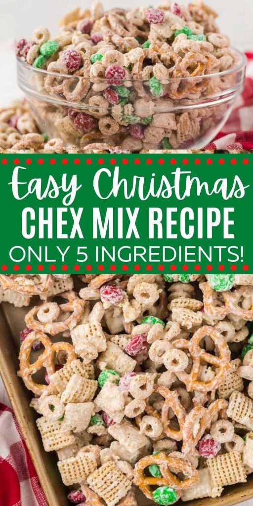 easy christmas chex mix recipe in a bowl with pretzels on the side