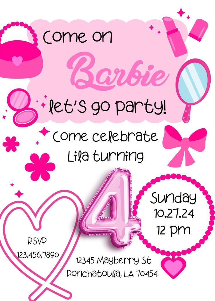 a pink birthday party flyer with balloons and decorations on it's side, including the number four