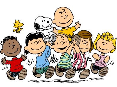 a group of cartoon characters standing together in front of an orange background with the words peanuts on it