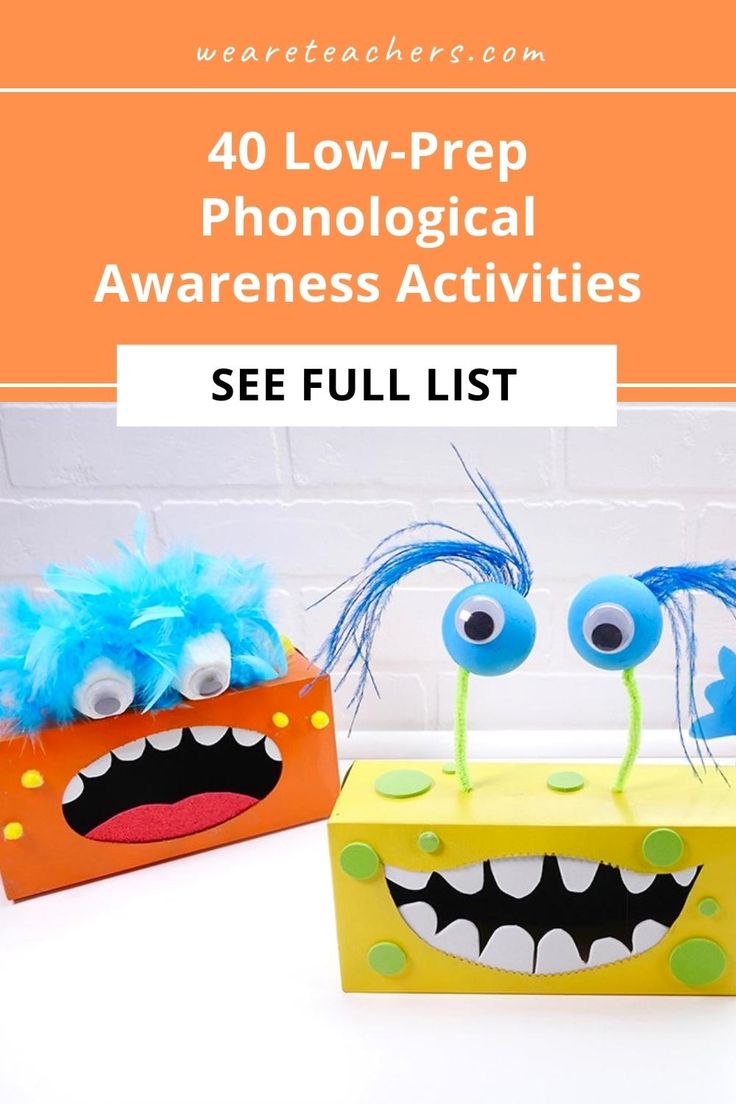 two monsters made out of cardboard boxes with text overlay reading 40 low - prep phonological awareness activities see full list