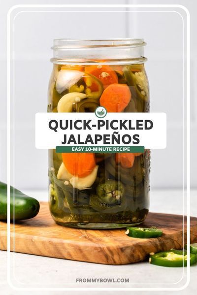 pickled jalapenos in a jar with the title overlay reads quick pickled jalapenos