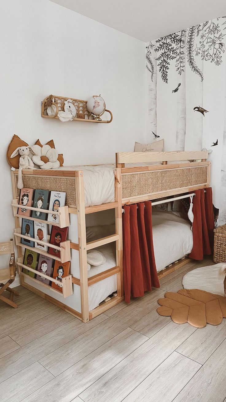 a child's bedroom with bunk beds and toys