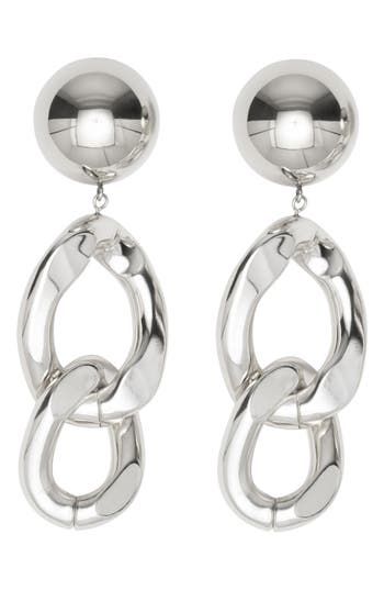 Chunky chain links dangle from your lobes in these dramatic drop earrings that are the perfect blend of edgy and glam. 3 1/2" drop; 1" width Post back Rhodium plate Imported Trendy Evening Jewelry With Chain Strap, Trendy Evening Jewelry With Chain Detail, Trendy Evening Jewelry With Chain, Metal Chandelier Earrings, Edgy Metal Evening Jewelry, Modern Chain Drop Earrings, Chic Metal Chain Earrings, Evening Metal Chain Earrings, Trendy Silver Chain Link Earrings