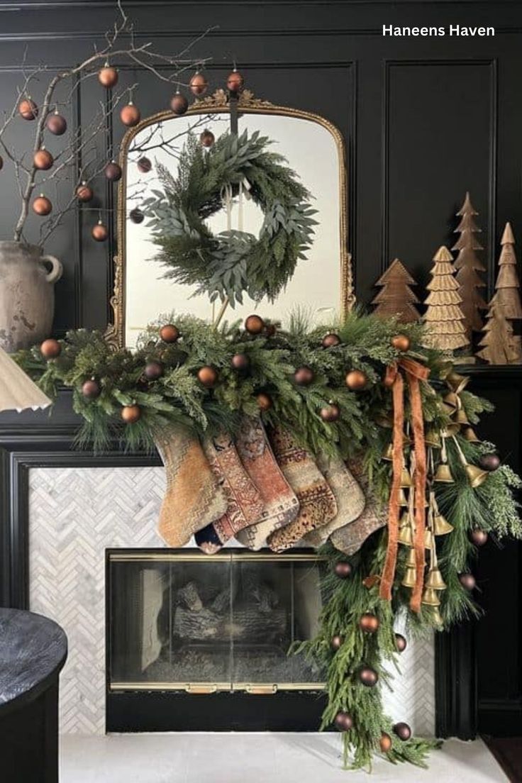 a fireplace decorated for christmas with stockings and pine cones