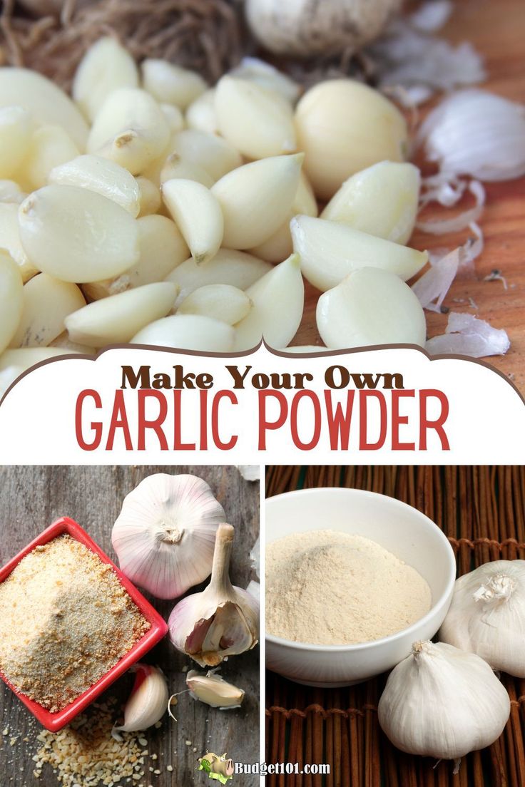 garlic powder, garlic seeds and garlic florets on a wooden table with text overlay that reads make your own garlic powder