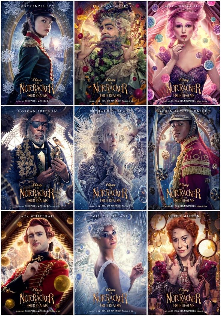 the nutcrackers movie poster is shown in many different colors and sizes, including one