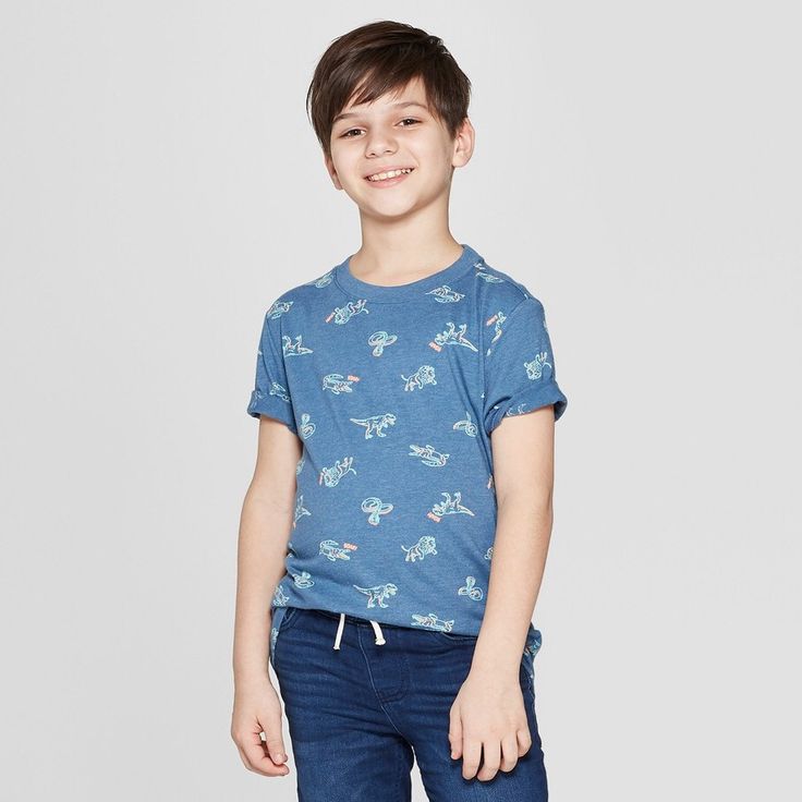 Boys Crew Neck Tshirt With Dinosaurs Casual Cotton T-shirt With Dinosaur Print, Cotton Tops With Dinosaur Print For Summer, Summer Dinosaur Print Short Sleeve Tops, Cute Dinosaur Print Top For Spring, Cute Dinosaur Print Tops For Spring, Casual Blue Top With Dinosaur Print, Cute Dinosaur Print Spring Top, Cotton Tops With Dinosaur Print For Spring, Cute Spring Dinosaur Print Top