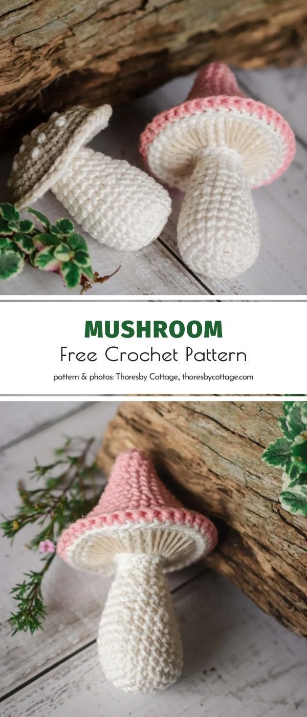 two crocheted mushrooms sitting on top of a piece of wood with text overlay that says mushroom free crochet pattern