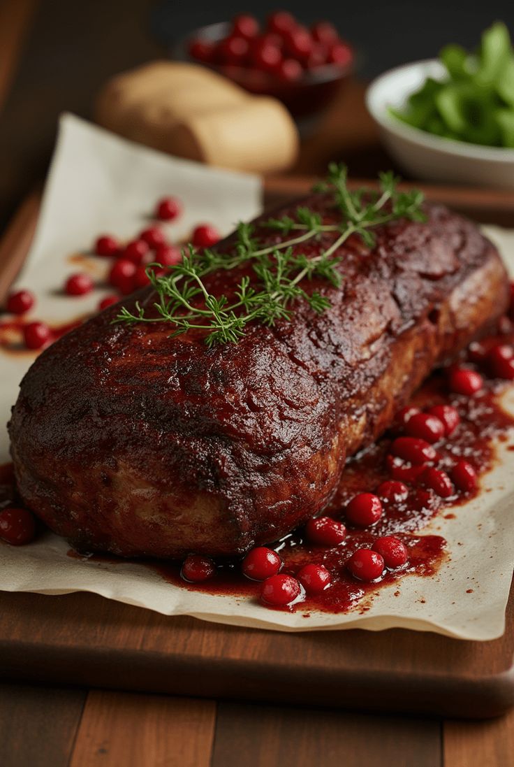 a piece of meat with cranberry sauce on a cutting board next to some vegetables