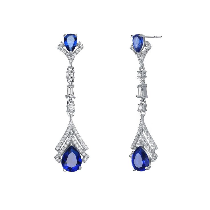 Dazzling with blue and white cubic zirconia gemstones, these sterling silver drop earrings lend an elegant touch to your wardrobe. Dazzling with blue and white cubic zirconia gemstones, these sterling silver drop earrings lend an elegant touch to your wardrobe.  Length: 42 mm Backings: post Metal: sterling silver Plating: rhodium Finish: polished Packaging: boxedSTONE DETAILS Stone type: cubic zirconia Total weight: 2 1/2 ct. Shape: baguette cut, pear, round Setting: prong Gemstones may have bee Post Metal, Sterling Silver Drop Earrings, Baguette Cut, Silver Drop Earrings, Silver Blue, Belly Button Rings, Jewelry Earrings Dangle, Pear, Cubic Zirconia