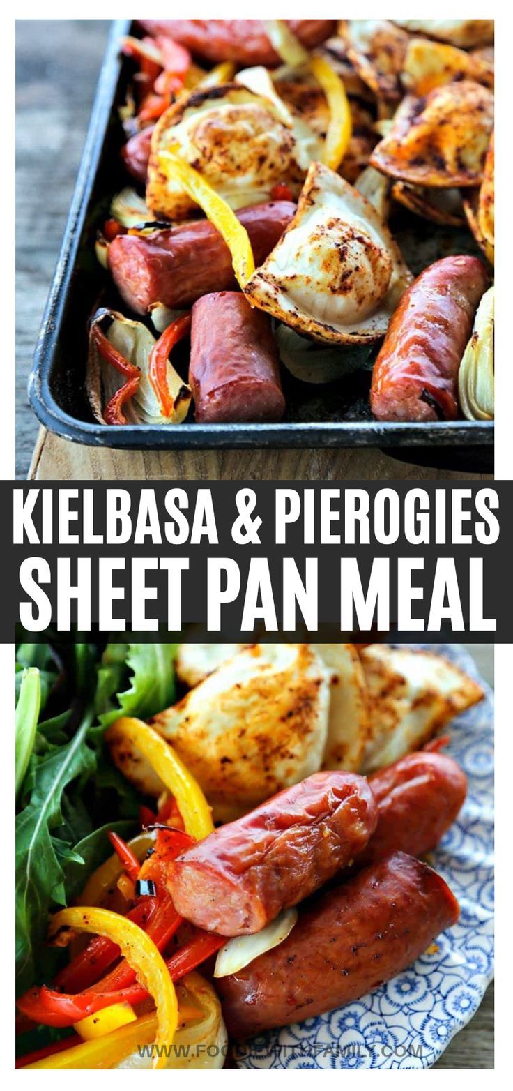 kielbasa and pierogies sheet pan meal on a blue and white plate