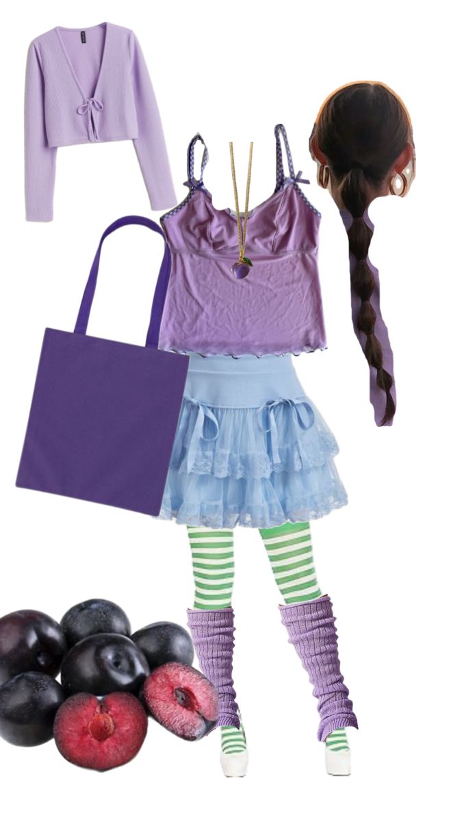 a girl in purple is holding a bag and some fruit