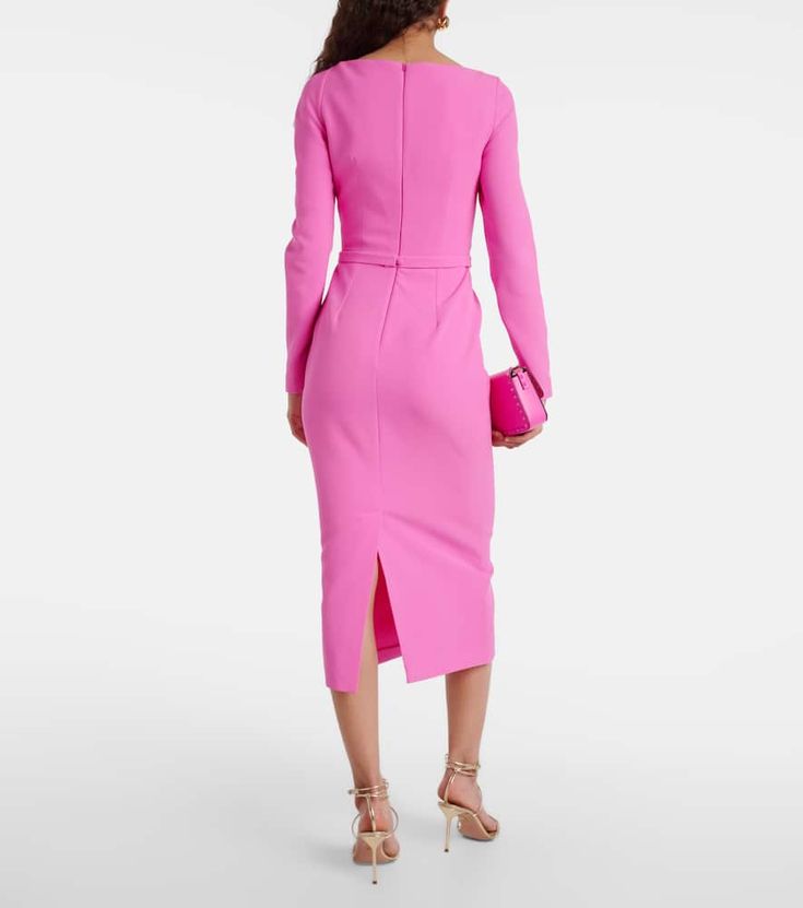 Chic Pink Crepe Dress, Chic Pink Elastane Dresses, Spring Long Sleeve Crepe Dress, Spring Pink Elastane Midi Dress, Spring Pink Midi Dress, Long Sleeve Crepe Party Dress, Pink Spring Midi Dress, Fitted Crepe Midi-length Dresses, Spring Sheath Dress In Crepe