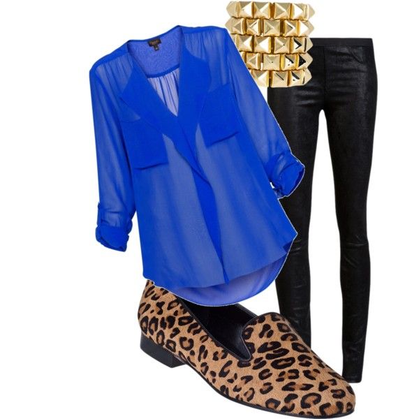 Layered with a tank and paired with skinny jeans/slacks. Love the leopard, the cobalt, and the flow of the shirt. Outfits Leggins, Leopard Print Shoes, Print Shoes, Mode Vintage, Blue Shirt, Outfits Casuales, Look Cool, Look Fashion, Passion For Fashion