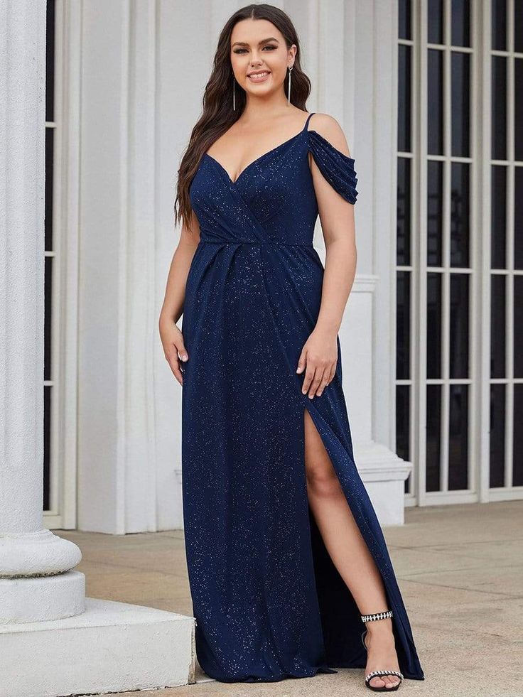 This sophisticated plus size maxi formal evening dress features a high slit on the front, giving it a unique elegance made to get noticed. We think this plus size spaghetti straps cold shoulder evening dress is perfect for any formal occasions, like weddings, evening parties, prom nights & more. Fit: Please refer to Size Chart. Closure: It is Concealed a Zipper Up The Back. Undergarments: It is Not Padded, with Lining. Fabric: Shell:95%Polyester 5%Elastane, Lining:100%Polyester. Stretch: Fabric Plus Size Ball Dresses, Plus Size Formal, Evening Dress Floor Length, Wrap Dresses, Evening Dresses Plus Size, Ever Pretty, Vow Renewal, Evening Gowns Formal, Scandinavian Christmas