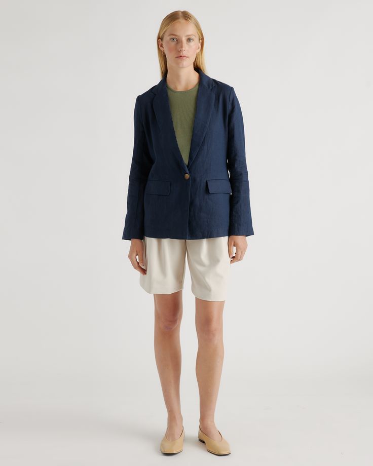 Who doesn't want to throw on the effortless look of linen to top off their outfit? The single-breasted European Linen Blazer is here to do just that. Relaxed fit, functional pockets, breathable, and lightweight. We love her for work, vacation, and weekends—versatile is an understatement.  | Quince | Women's 100% European Linen Blazer in Deep Navy, Size XL Summer Linen Blazer With Welt Pockets, Casual Summer Blazer With Button Closure, Casual Unstructured Linen Blazer, Casual Solid Color Relaxed Fit Blazer, Casual Solid Color Blazer With Relaxed Fit, Casual Summer Blazer For Everyday, Fitted Linen Casual Blazer, Solid Linen Outerwear With Relaxed Fit, Solid Linen Relaxed Fit Outerwear