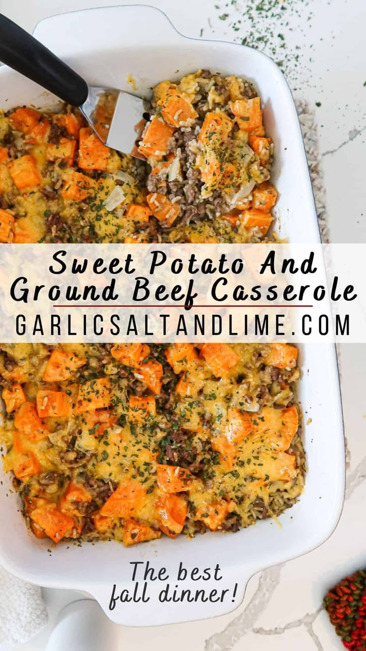 sweet potato and ground beef casserole in a white dish with text overlay