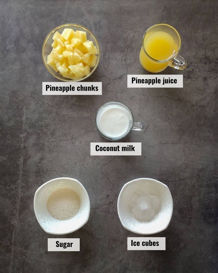 the ingredients to make pineapple juice are shown in bowls