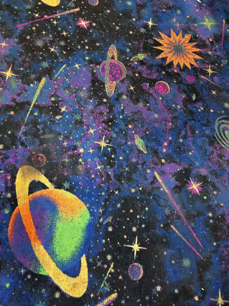 an image of the outer space with stars and planets painted on it